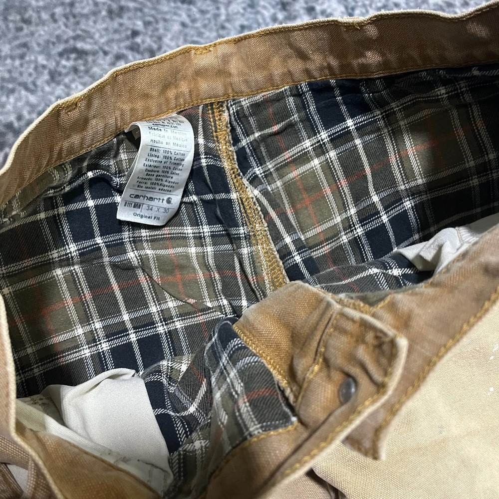 VTG Carhartt Carpenter Pants Tan 34x29 Distressed Faded Flannel Lined B111‎ BRN - Picture 8 of 16